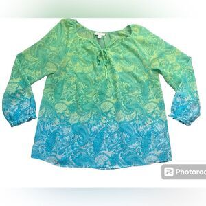 Charter Club Petite Blue and Green Paisley Ombre Blouse